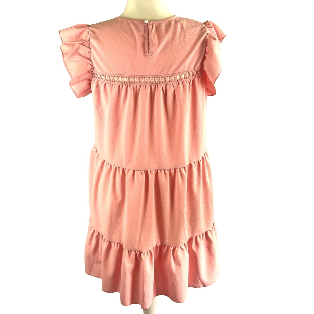 Sason Tiered Mini Dress L Petal Pink Babydoll Eyelet Detail Fairy Cottage Core - Picture 4 of 7